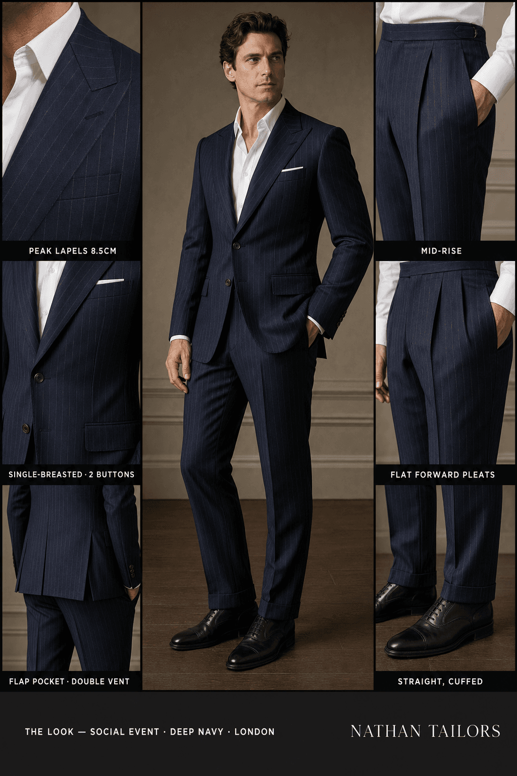 deep navy pinstripe single-breasted peak-lapel bespoke suit — AI-rendered by Nathan Tailors, the Hoi An custom tailor. Available as a custom tailored suit from $129.