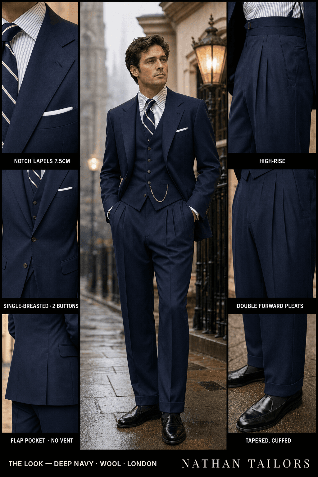 deep navy single-breasted bespoke suit — custom tailored by Nathan Tailors, the Hoi An custom tailor