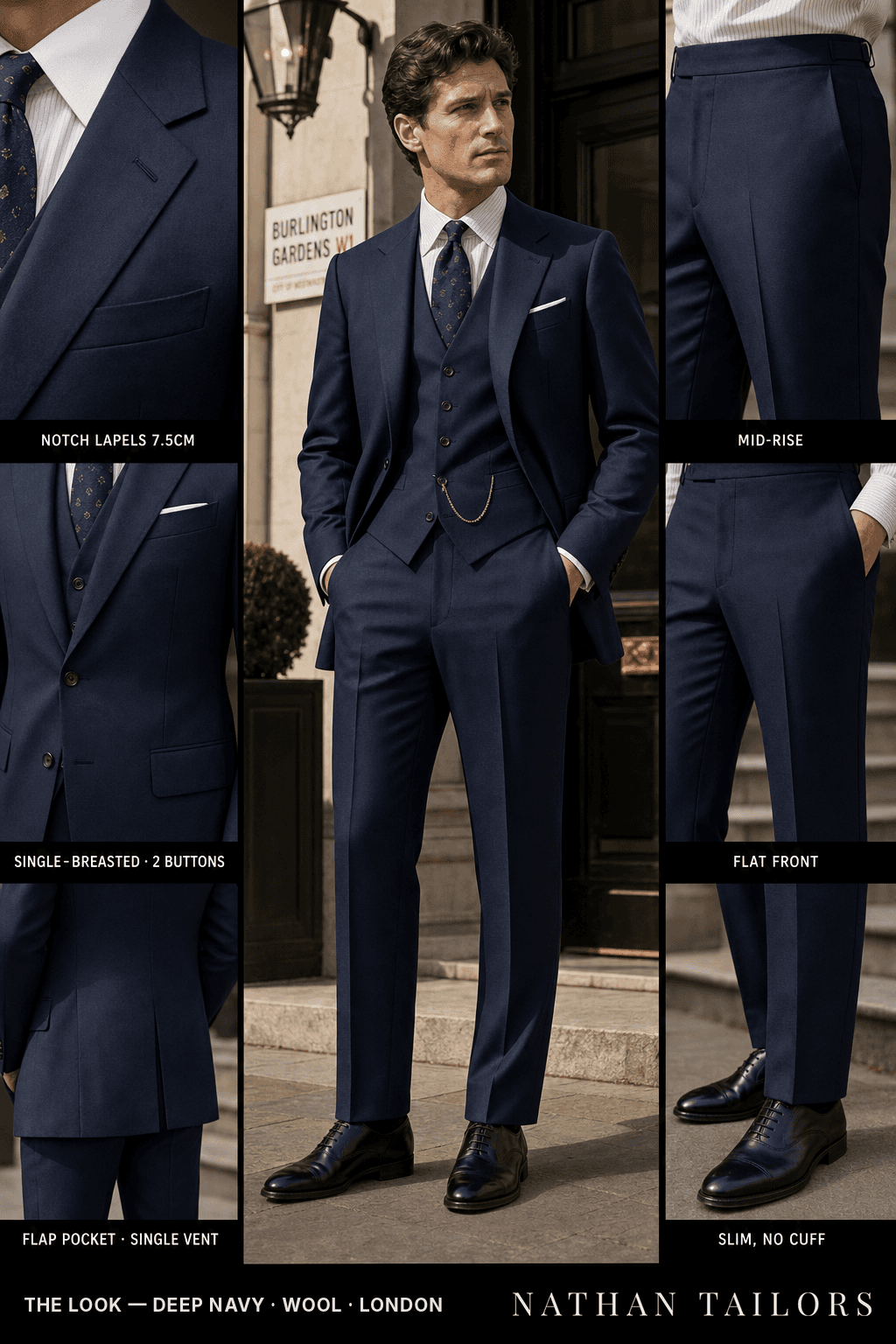 deep navy single-breasted bespoke suit — custom tailored by Nathan Tailors, the Hoi An custom tailor