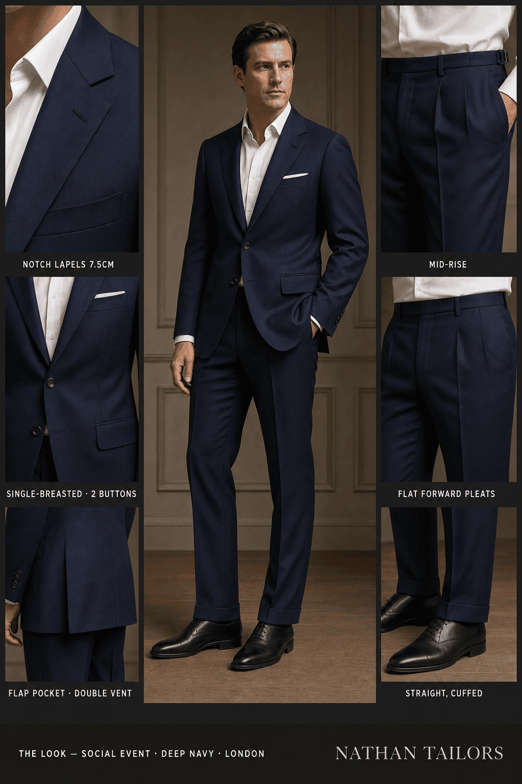 deep navy single-breasted bespoke suit — custom tailored by Nathan Tailors, the Hoi An custom tailor