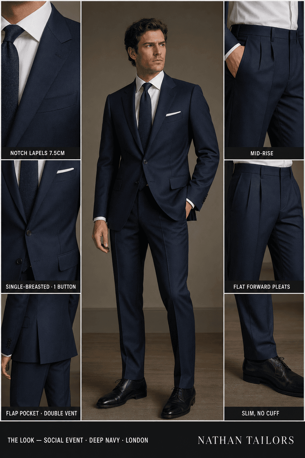 deep navy single-breasted notch-lapel bespoke suit — AI-rendered by Nathan Tailors, the Hoi An custom tailor. Available as a custom tailored suit from $129.
