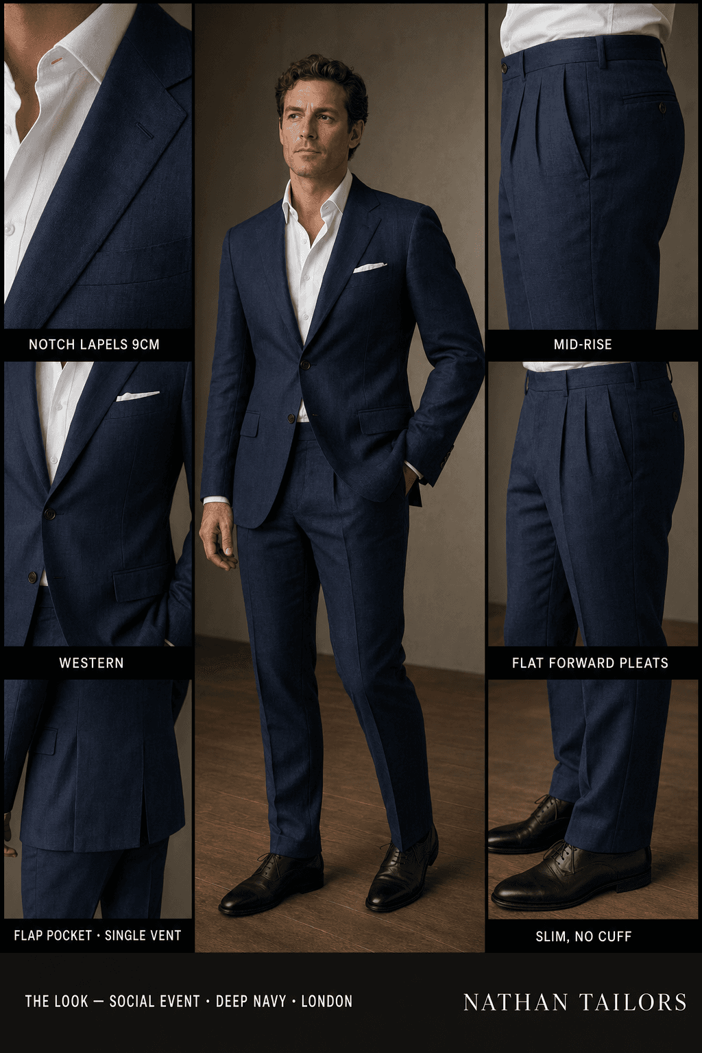 deep navy single-breasted notch-lapel bespoke suit — AI-rendered by Nathan Tailors, the Hoi An custom tailor. Available as a custom tailored suit from $129.