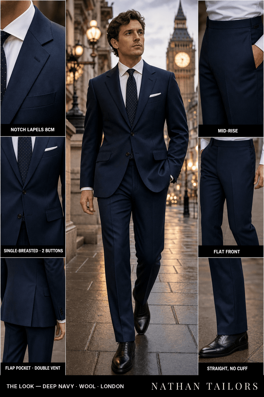 deep navy single-breasted notch-lapel bespoke suit — AI-rendered by Nathan Tailors, the Hoi An custom tailor. Available as a custom tailored suit from $149.