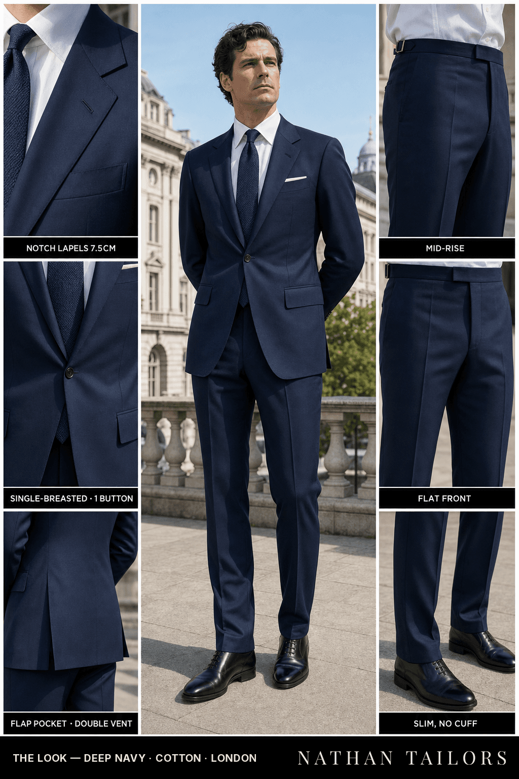 deep navy single-breasted notch-lapel bespoke suit — AI-rendered by Nathan Tailors, the Hoi An custom tailor. Available as a custom tailored suit from $149.