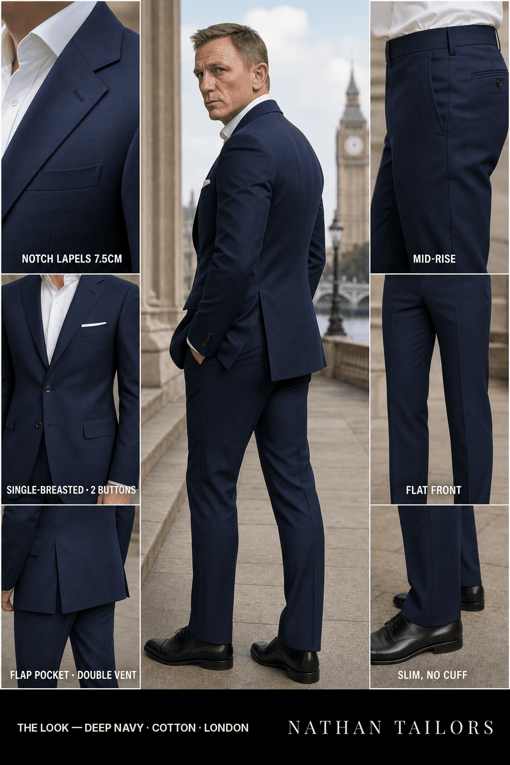 deep navy single-breasted bespoke suit — custom tailored by Nathan Tailors, the Hoi An custom tailor