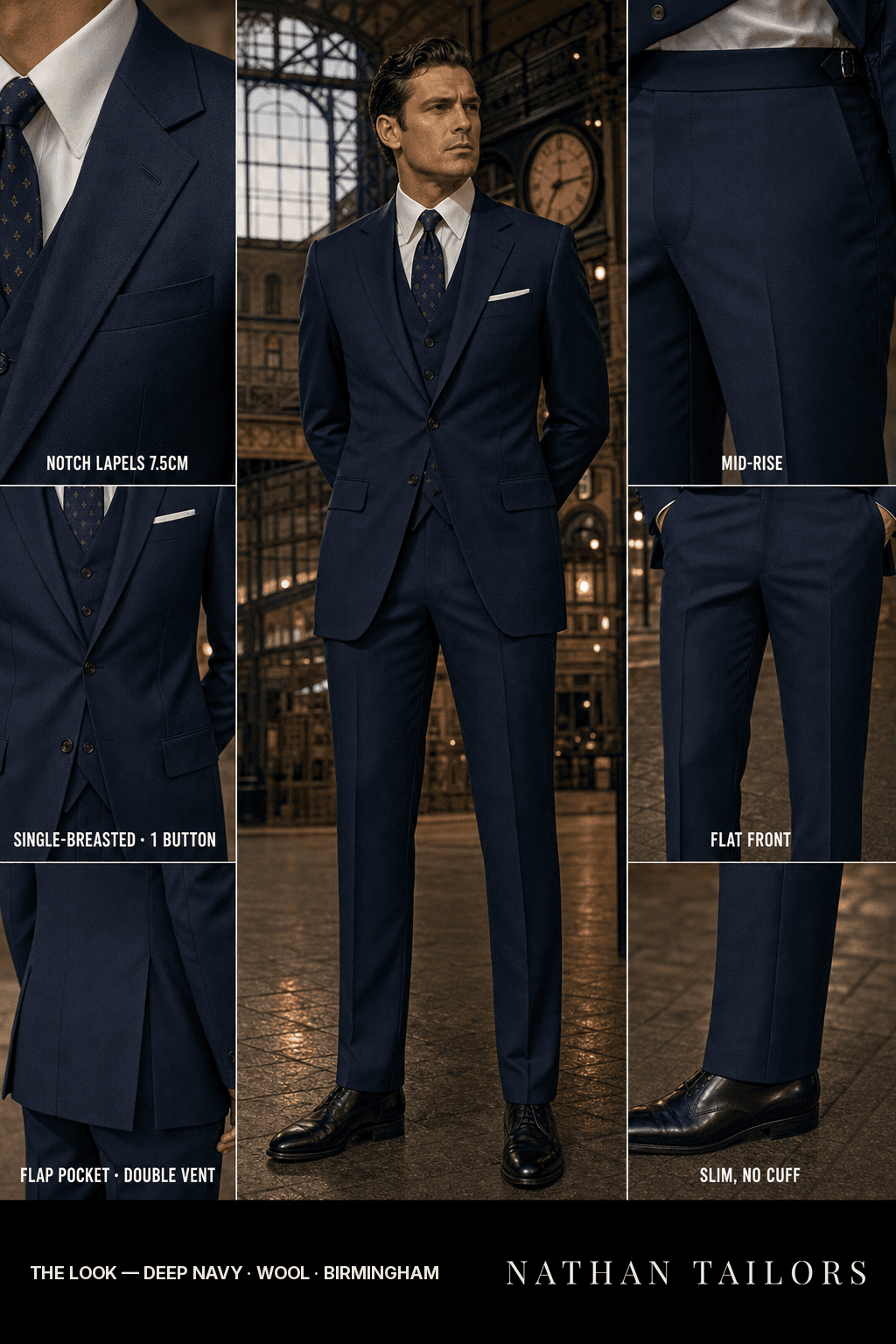 deep navy single-breasted bespoke suit — custom tailored by Nathan Tailors, the Hoi An custom tailor