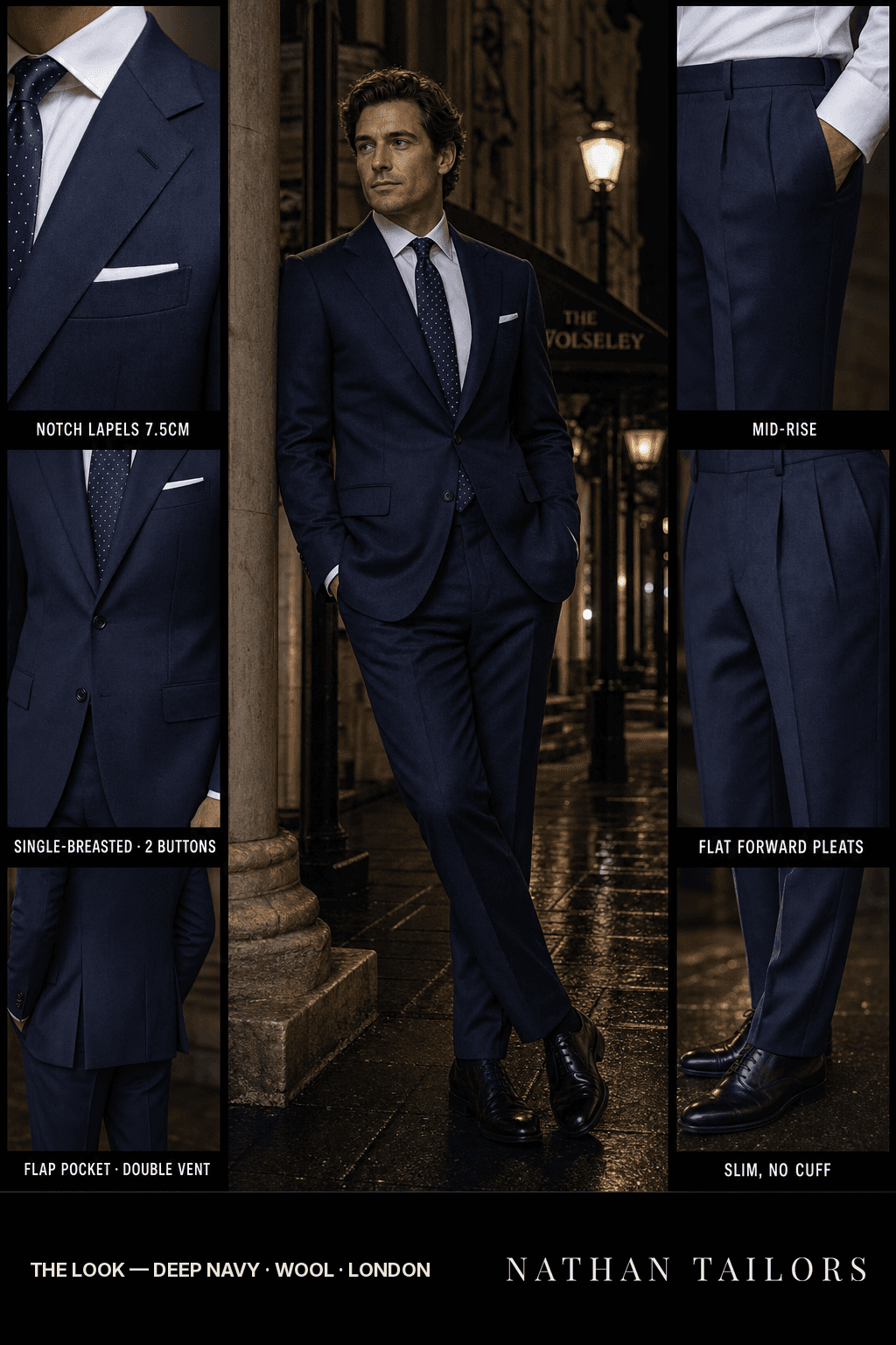 deep navy single-breasted bespoke suit — custom tailored by Nathan Tailors, the Hoi An custom tailor