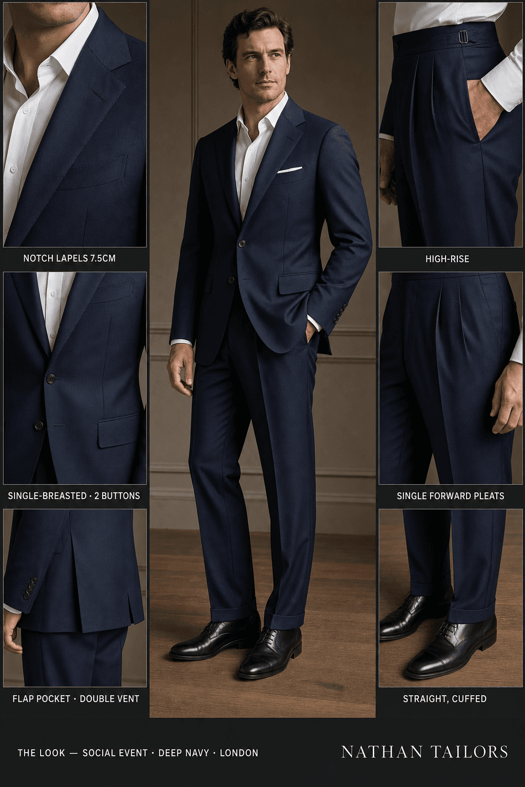 deep navy single-breasted notch-lapel bespoke suit — AI-rendered by Nathan Tailors, the Hoi An custom tailor. Available as a custom tailored suit from $129.
