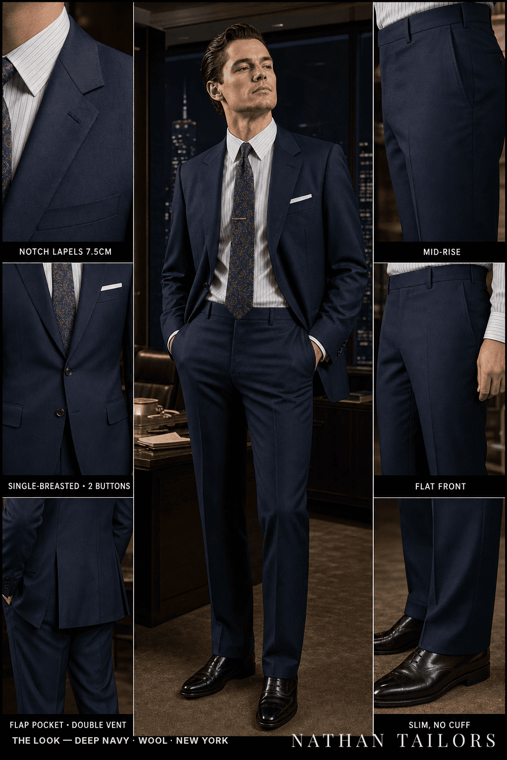 deep navy single-breasted bespoke suit — custom tailored by Nathan Tailors, the Hoi An custom tailor