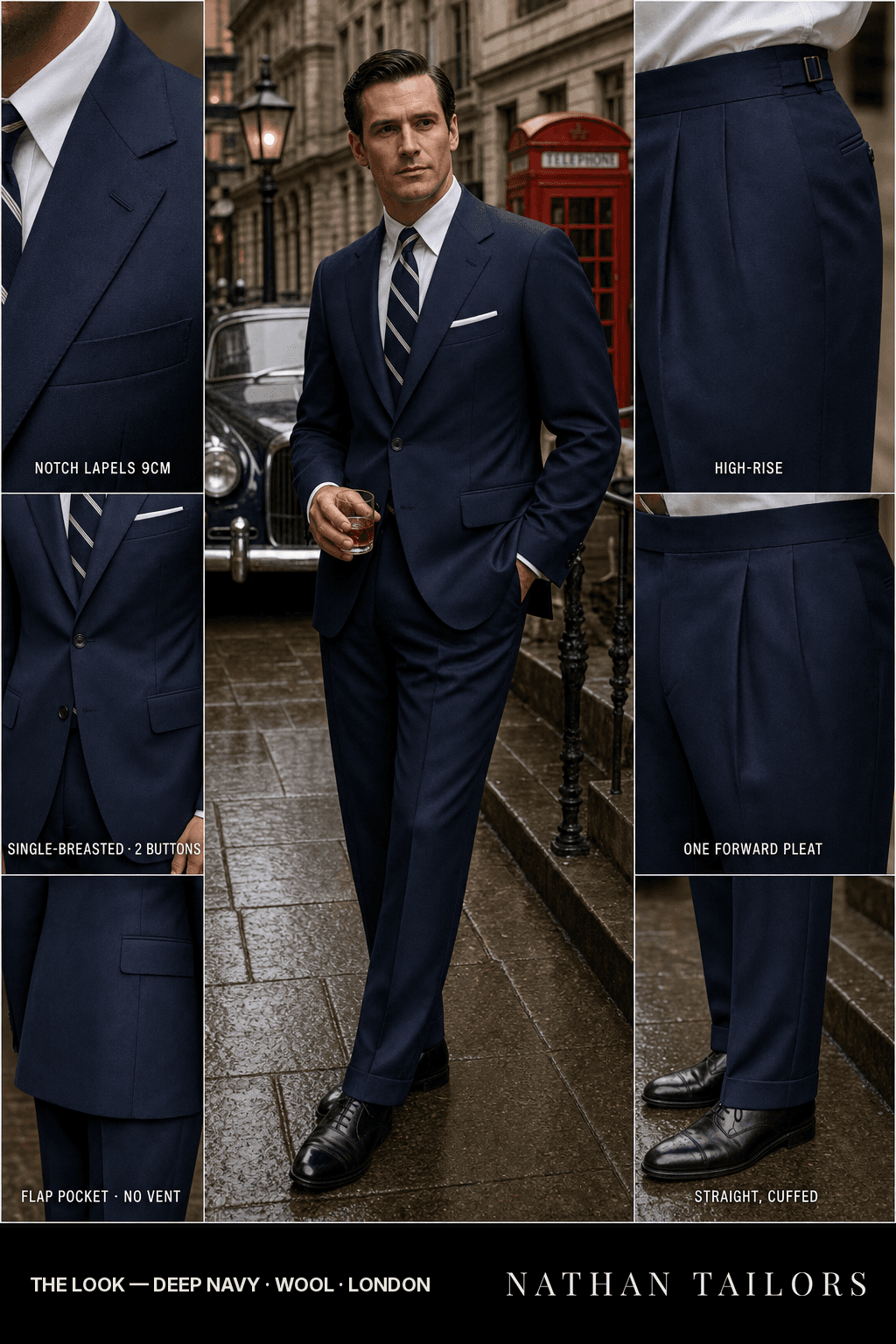 deep navy single-breasted bespoke suit — custom tailored by Nathan Tailors, the Hoi An custom tailor