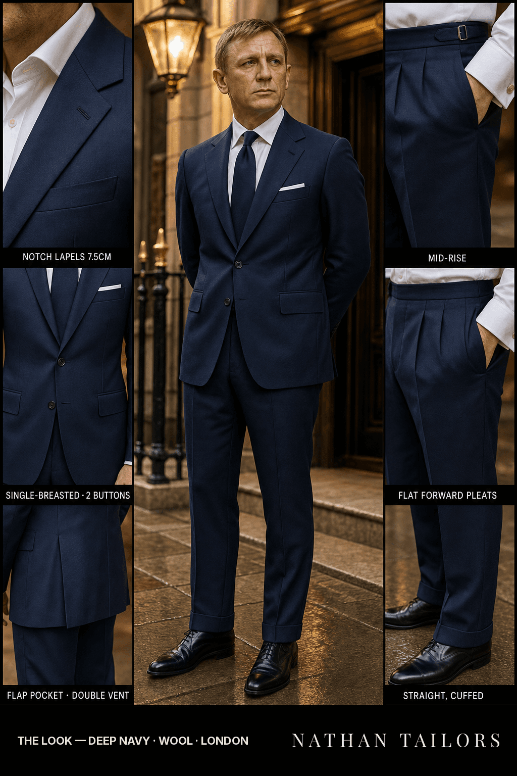 deep navy single-breasted bespoke suit — custom tailored by Nathan Tailors, the Hoi An custom tailor