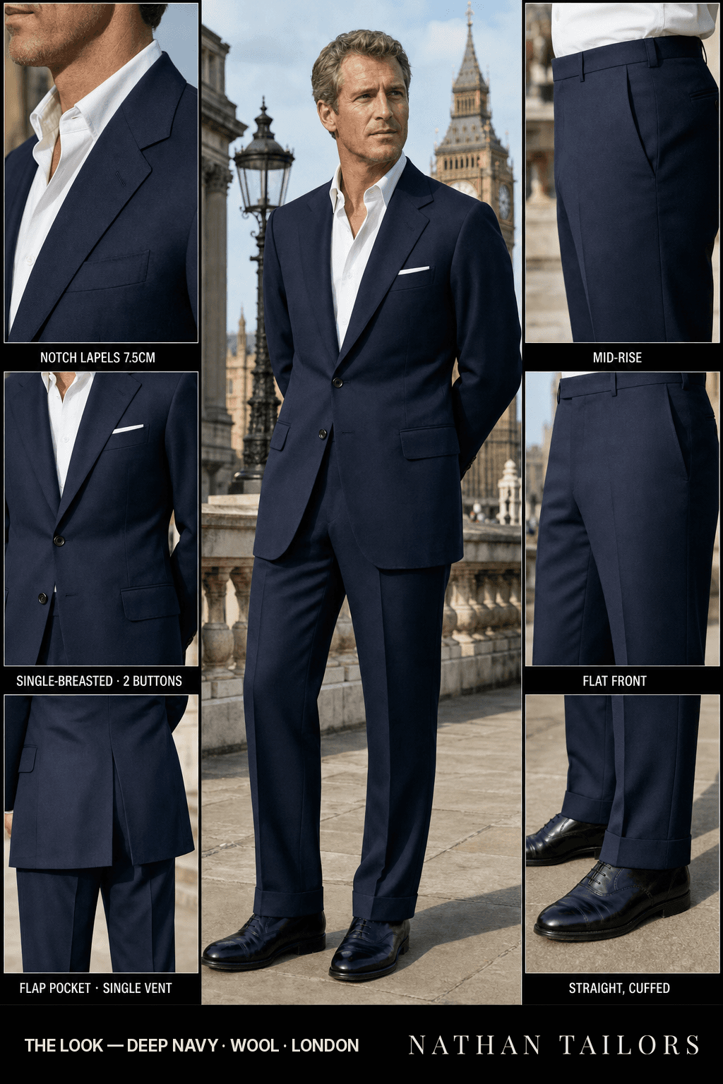 deep navy single-breasted bespoke suit — custom tailored by Nathan Tailors, the Hoi An custom tailor