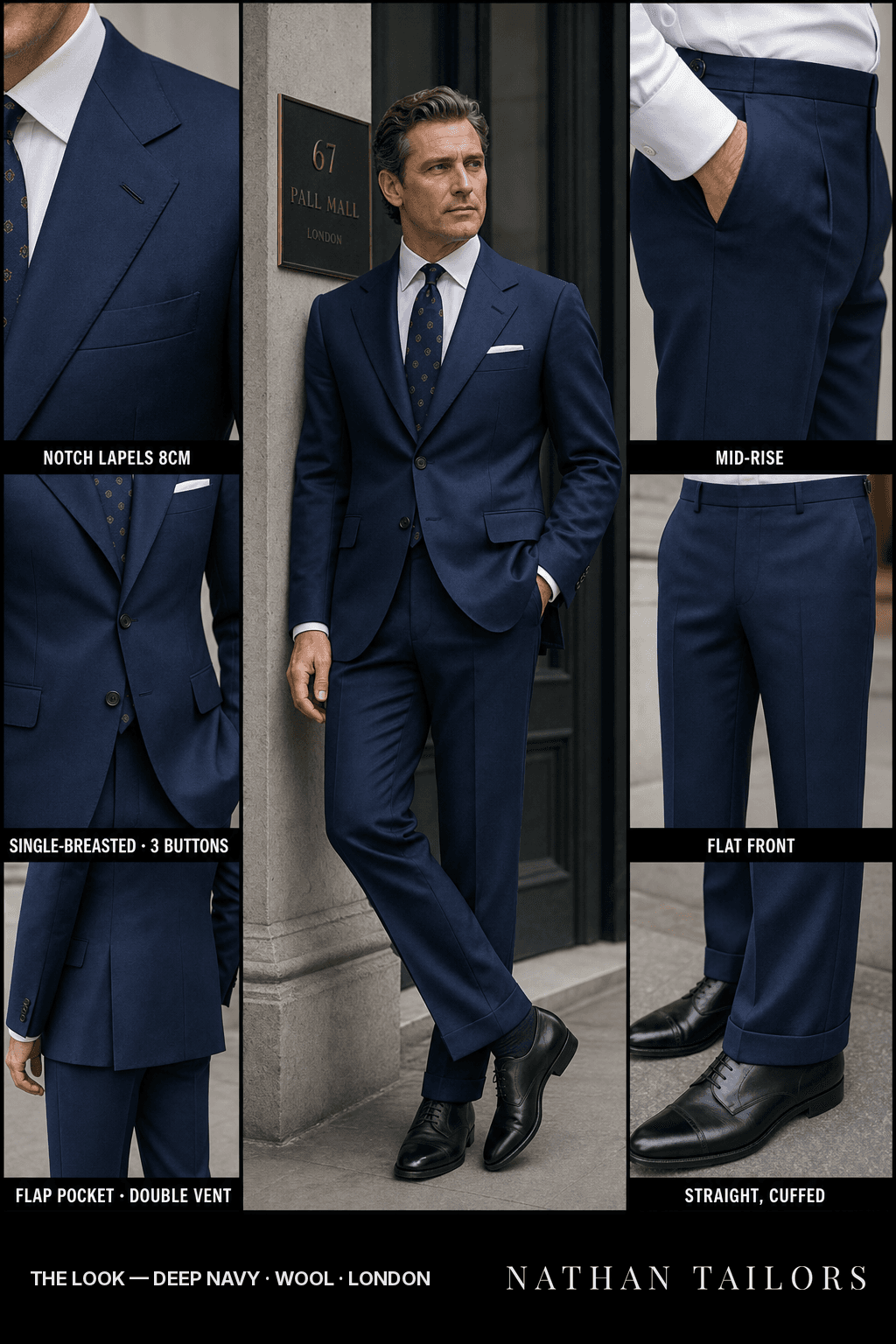 deep navy single-breasted bespoke suit — custom tailored by Nathan Tailors, the Hoi An custom tailor
