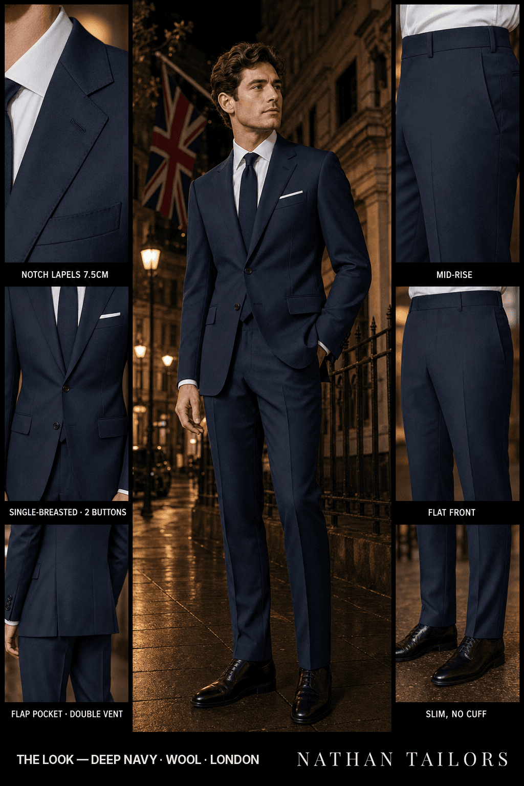 deep navy single-breasted bespoke suit — custom tailored by Nathan Tailors, the Hoi An custom tailor