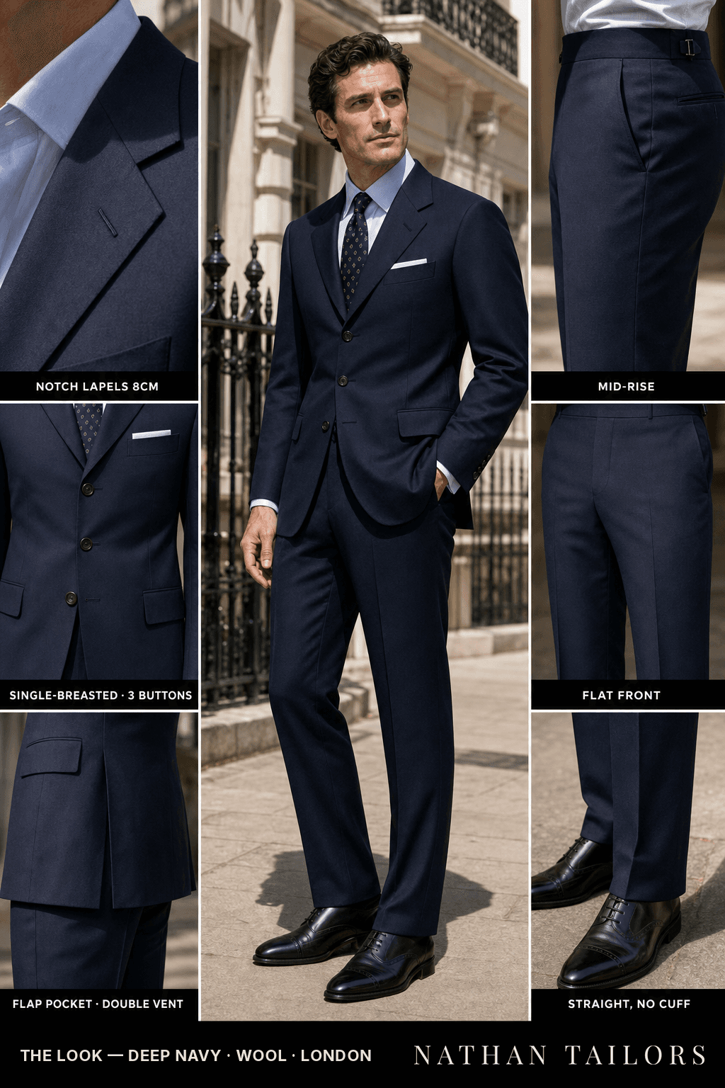 deep navy single-breasted bespoke suit — custom tailored by Nathan Tailors, the Hoi An custom tailor