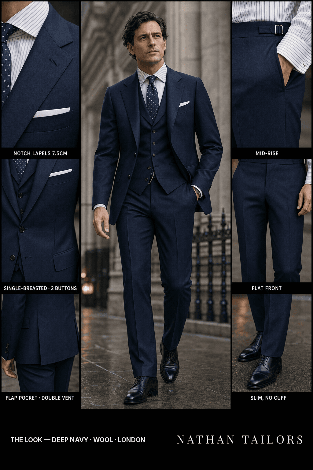 deep navy single-breasted bespoke suit — custom tailored by Nathan Tailors, the Hoi An custom tailor