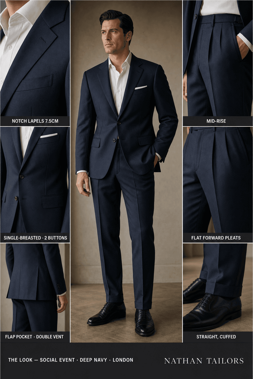 deep navy single-breasted bespoke suit — custom tailored by Nathan Tailors, the Hoi An custom tailor