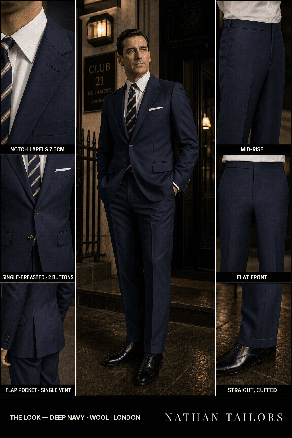 deep navy single-breasted bespoke suit — custom tailored by Nathan Tailors, the Hoi An custom tailor