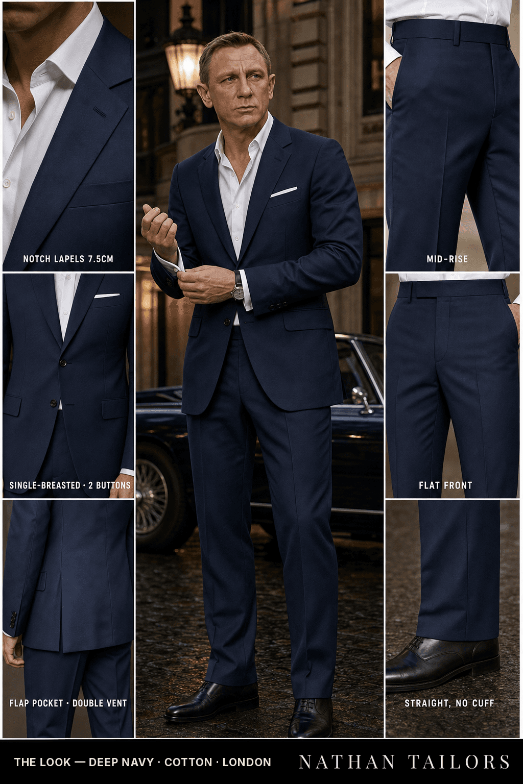deep navy single-breasted bespoke suit — custom tailored by Nathan Tailors, the Hoi An custom tailor