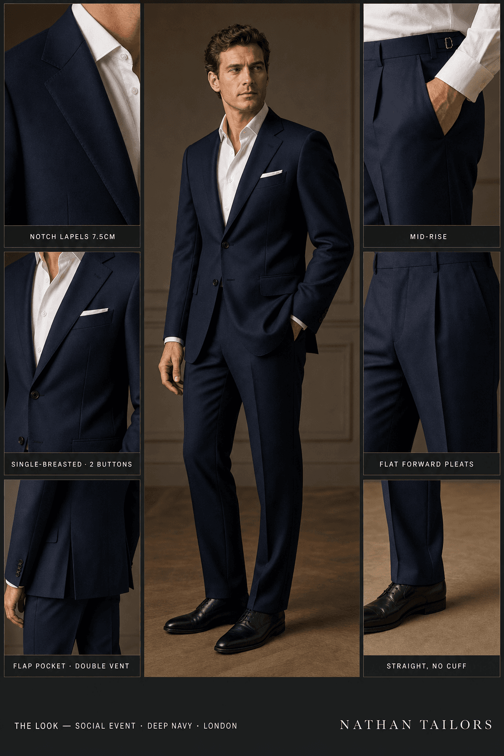 deep navy single-breasted notch-lapel bespoke suit — AI-rendered by Nathan Tailors, the Hoi An custom tailor. Available as a custom tailored suit from $129.