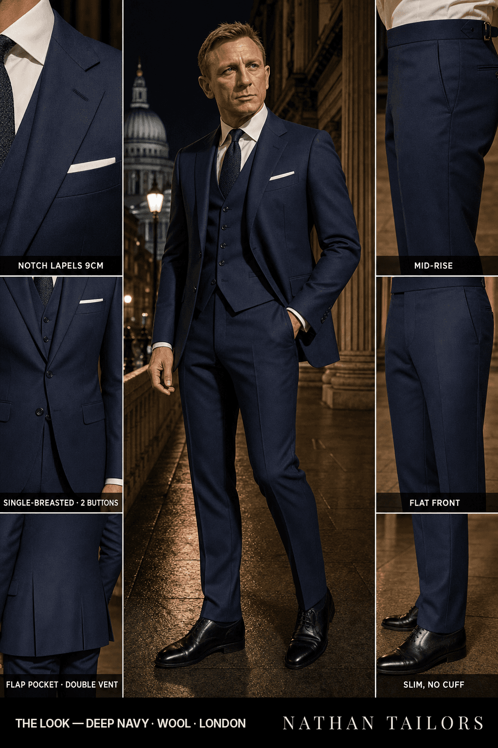 deep navy single-breasted bespoke suit — custom tailored by Nathan Tailors, the Hoi An custom tailor