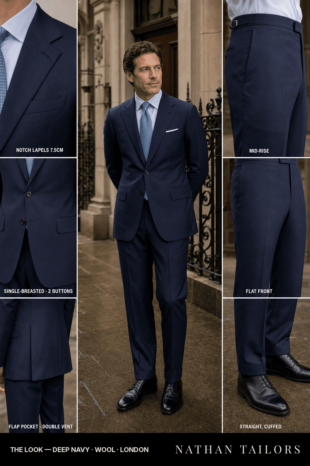 deep navy single-breasted bespoke suit — custom tailored by Nathan Tailors, the Hoi An custom tailor