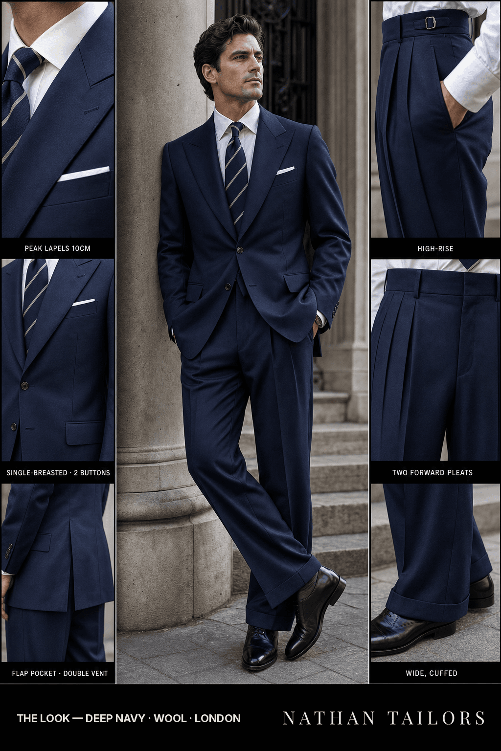 deep navy single-breasted peak-lapel bespoke suit — AI-rendered by Nathan Tailors, the Hoi An custom tailor. Available as a custom tailored suit from $149.