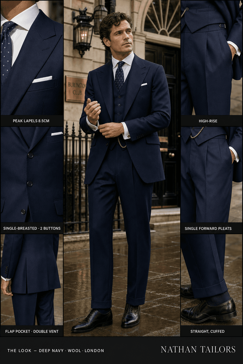 deep navy single-breasted bespoke suit — custom tailored by Nathan Tailors, the Hoi An custom tailor
