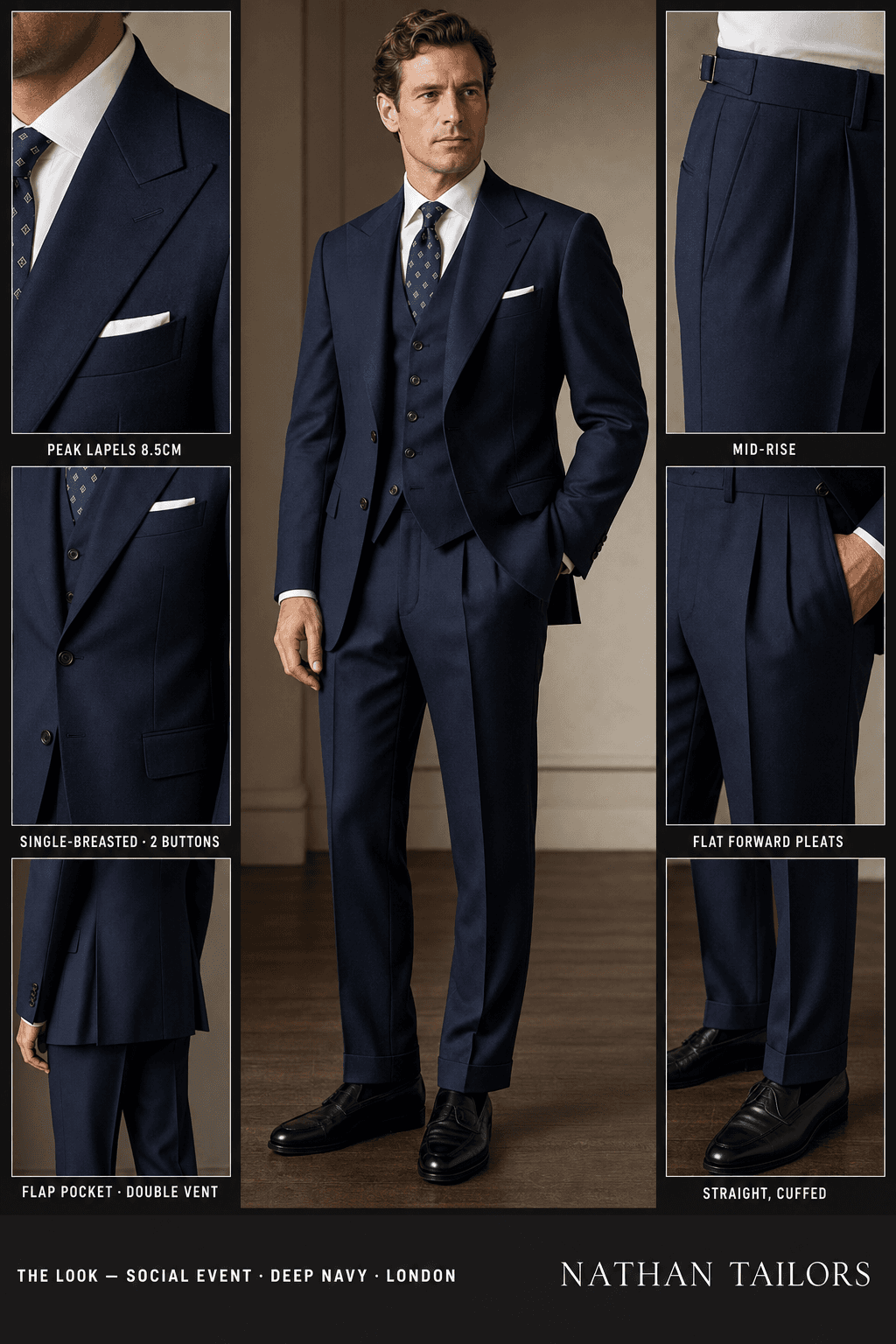 deep navy single-breasted peak-lapel bespoke suit — AI-rendered by Nathan Tailors, the Hoi An custom tailor. Available as a custom tailored suit from $129.