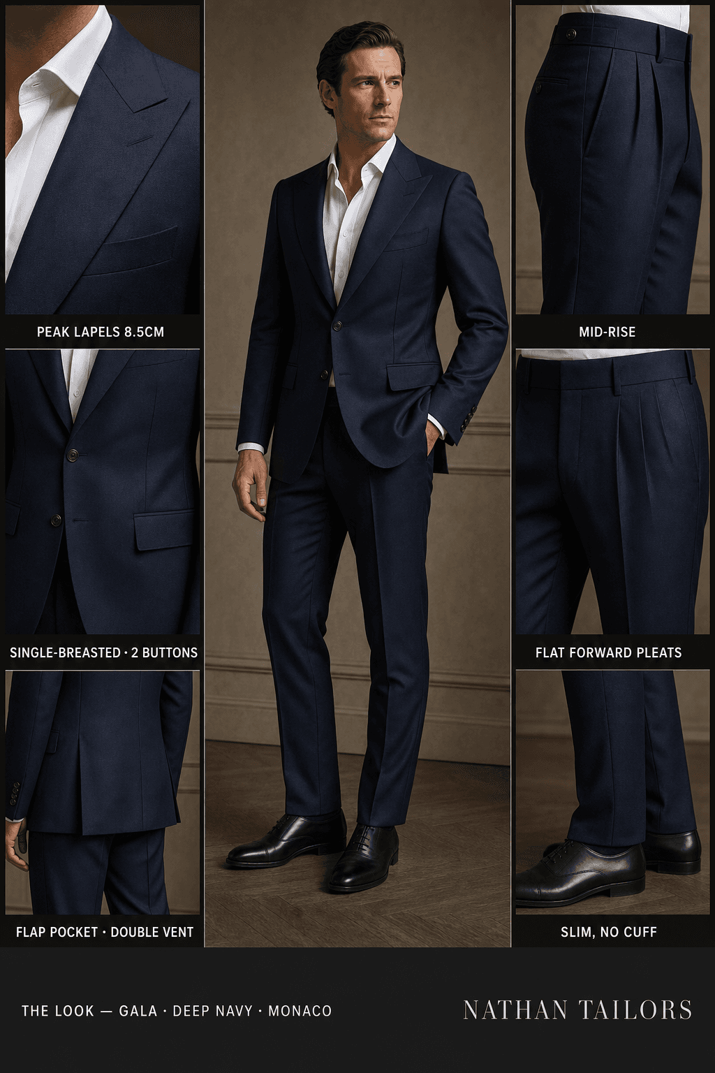 deep navy single-breasted bespoke suit — custom tailored by Nathan Tailors, the Hoi An custom tailor