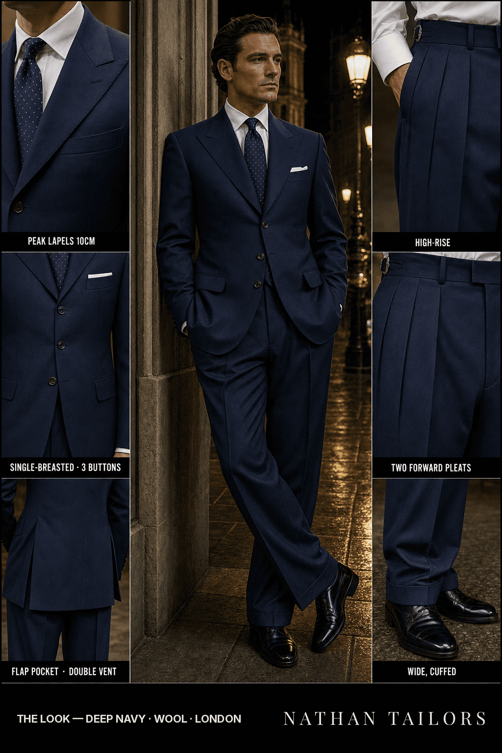 deep navy single-breasted bespoke suit — custom tailored by Nathan Tailors, the Hoi An custom tailor