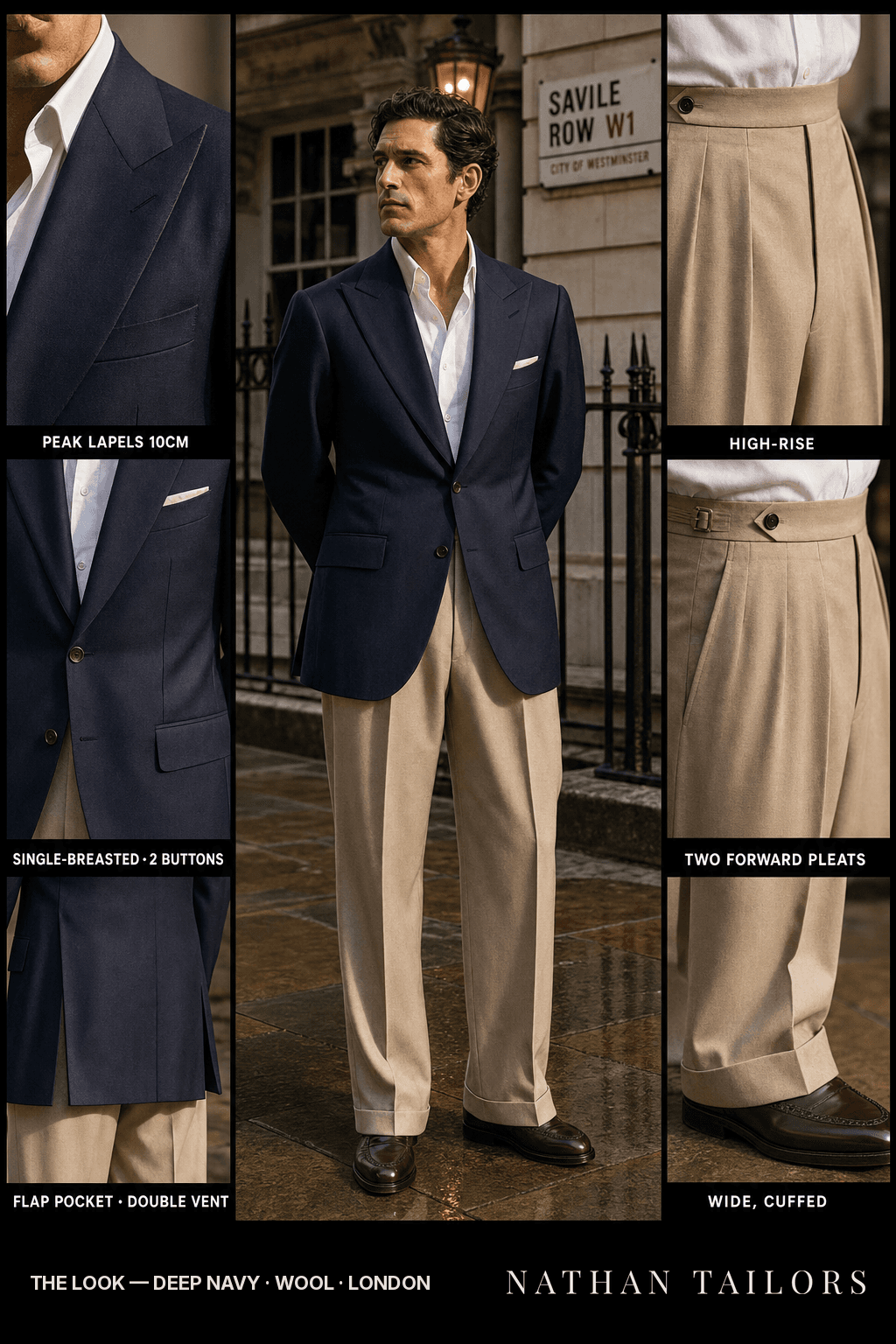 deep navy single-breasted peak-lapel bespoke suit — AI-rendered by Nathan Tailors, the Hoi An custom tailor. Available as a custom tailored suit from $149.