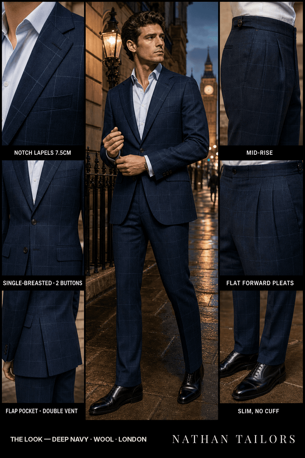 deep navy windowpane single-breasted notch-lapel bespoke suit — AI-rendered by Nathan Tailors, the Hoi An custom tailor. Available as a custom tailored suit from $149.