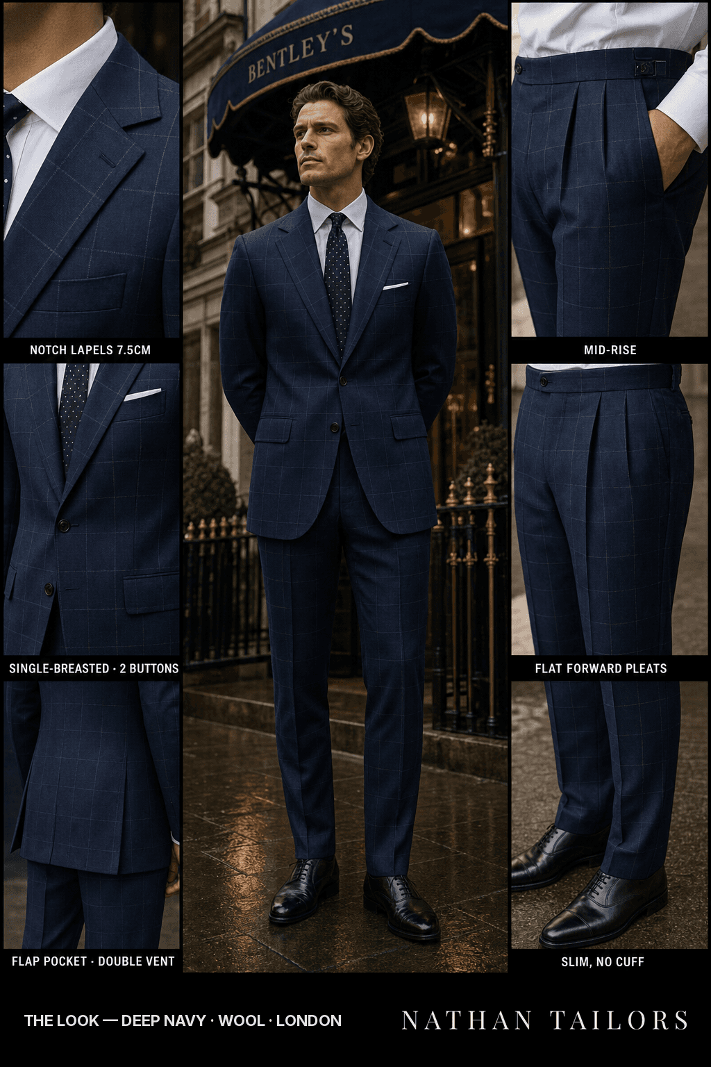 deep navy windowpane single-breasted bespoke suit — custom tailored by Nathan Tailors, the Hoi An custom tailor