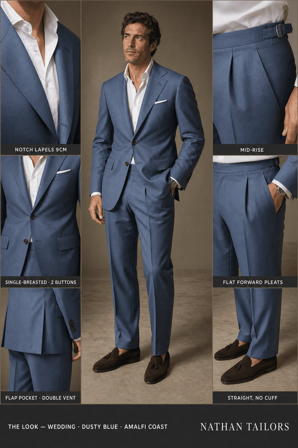 dusty blue single-breasted notch-lapel bespoke suit — AI-rendered by Nathan Tailors, the Hoi An custom tailor. Available as a custom tailored suit from $129.