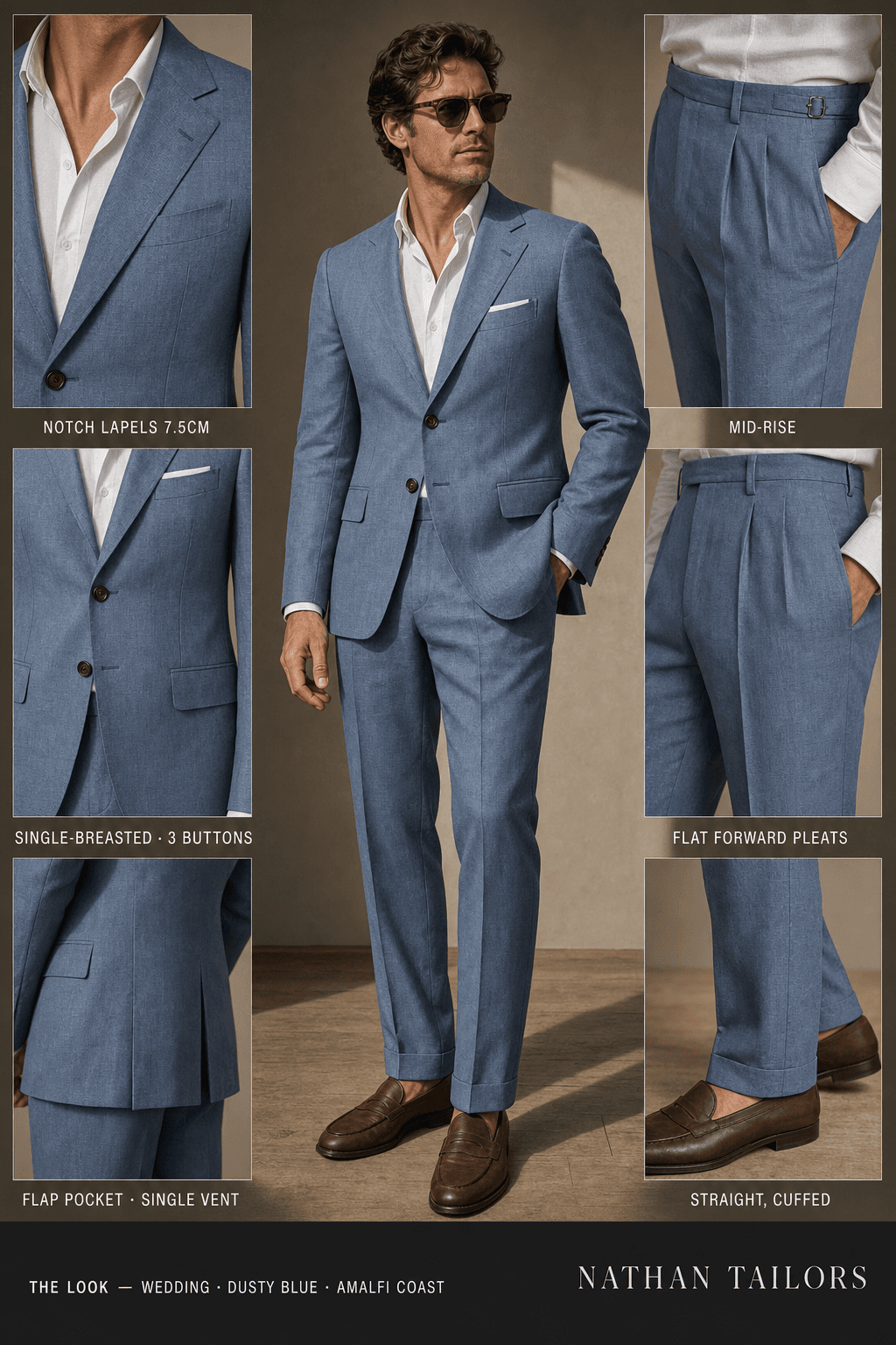 dusty blue single-breasted bespoke suit — custom tailored by Nathan Tailors, the Hoi An custom tailor