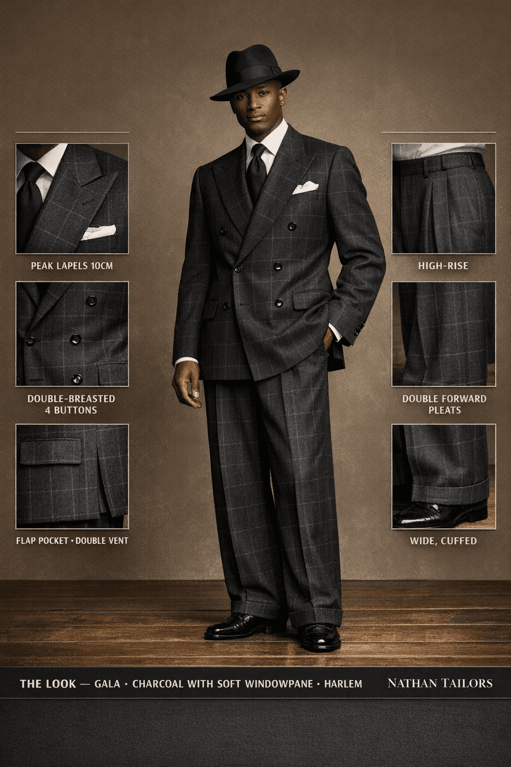 charcoal with soft windowpane double-breasted suit — Nathan Tailors Hoi An tailor Atelier render