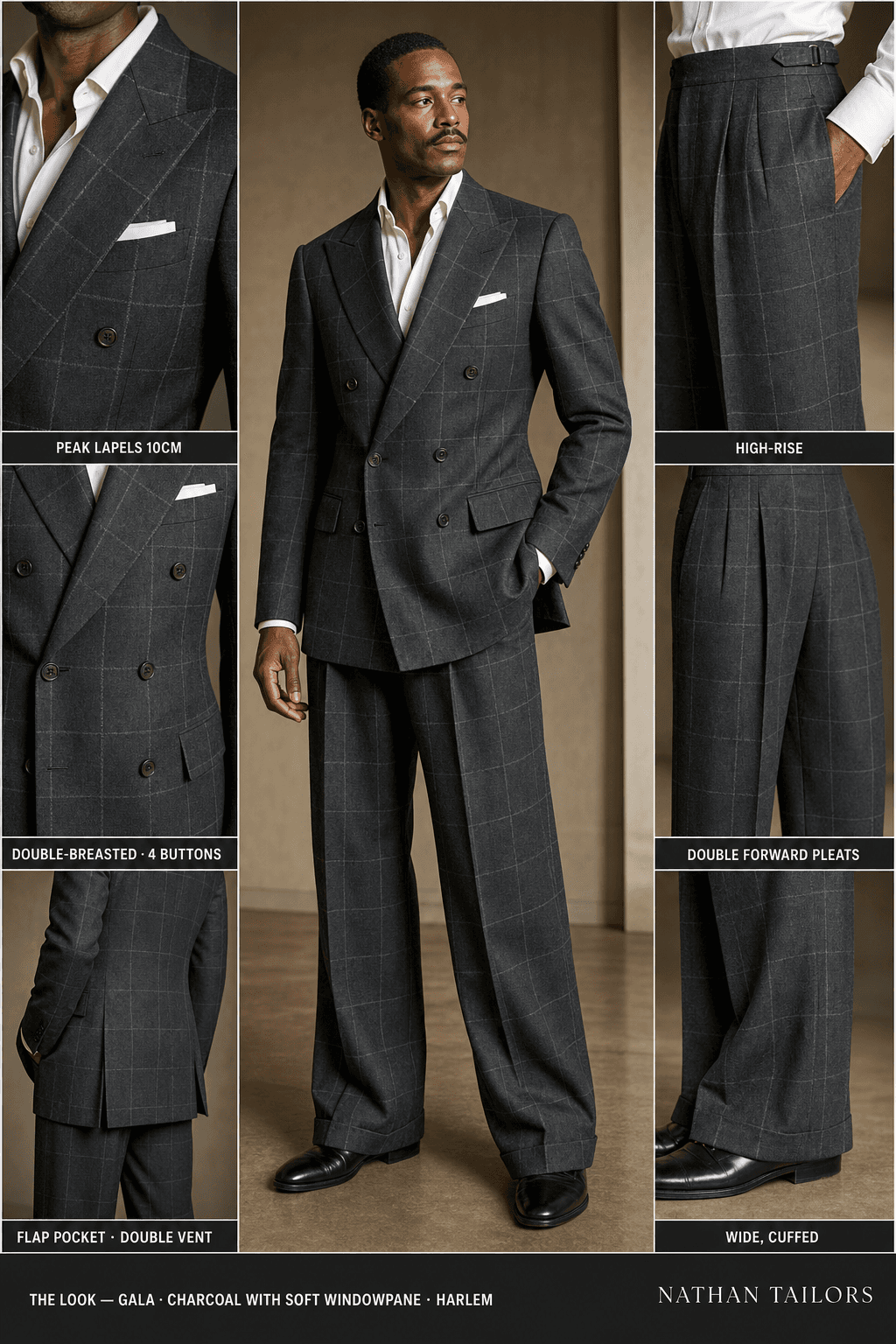 charcoal with soft windowpane windowpane double-breasted peak-lapel bespoke suit — AI-rendered by Nathan Tailors, the Hoi An custom tailor. Available as a custom tailored suit from $129.
