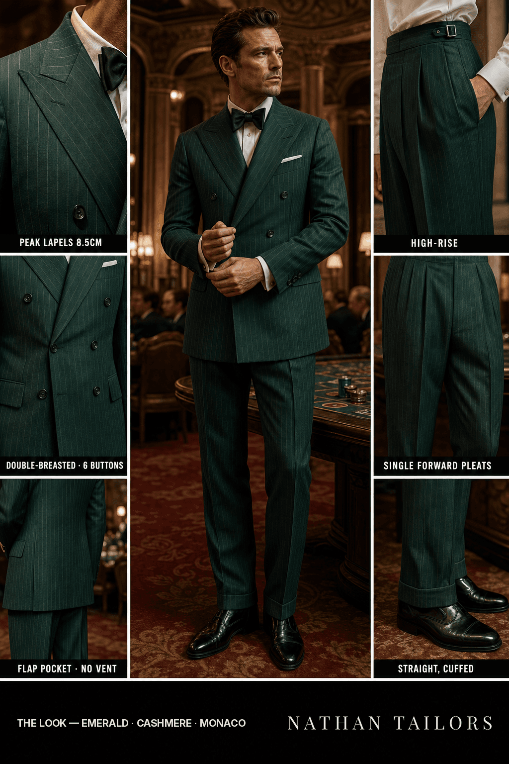 emerald chalk_stripe double-breasted bespoke suit — custom tailored by Nathan Tailors, the Hoi An custom tailor