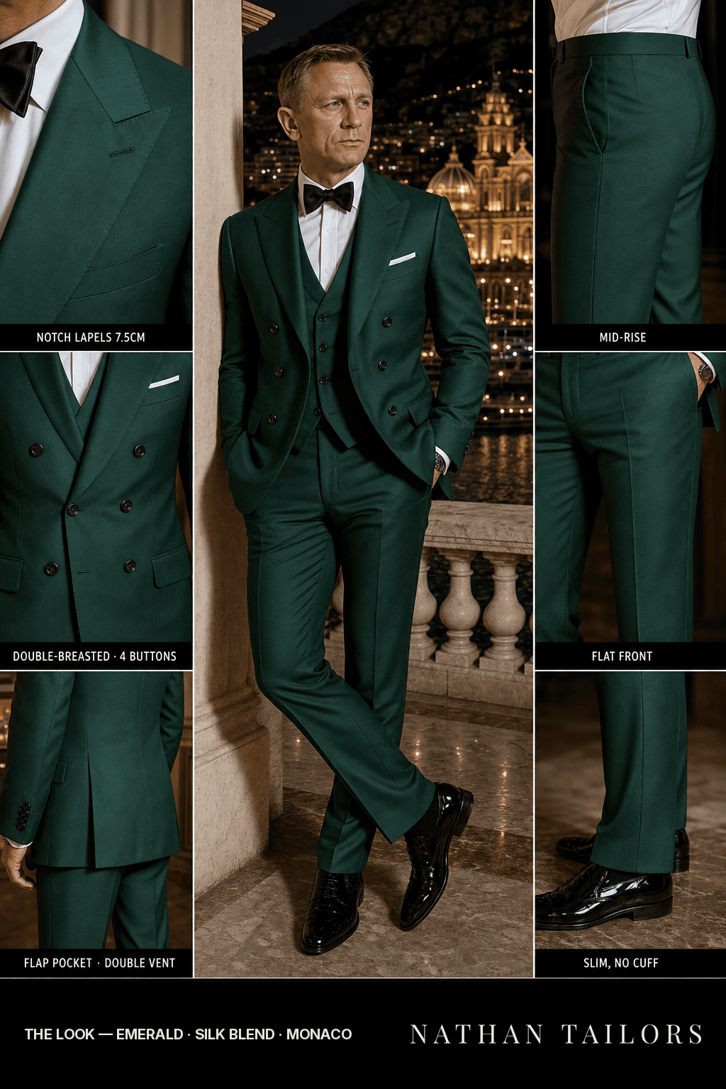 emerald double-breasted bespoke suit — custom tailored by Nathan Tailors, the Hoi An custom tailor
