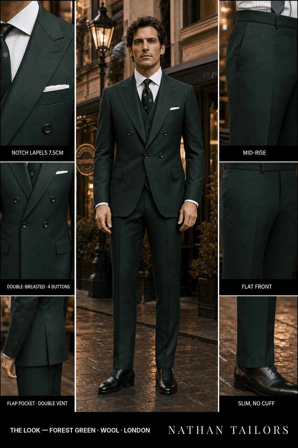forest green double-breasted bespoke suit — custom tailored by Nathan Tailors, the Hoi An custom tailor