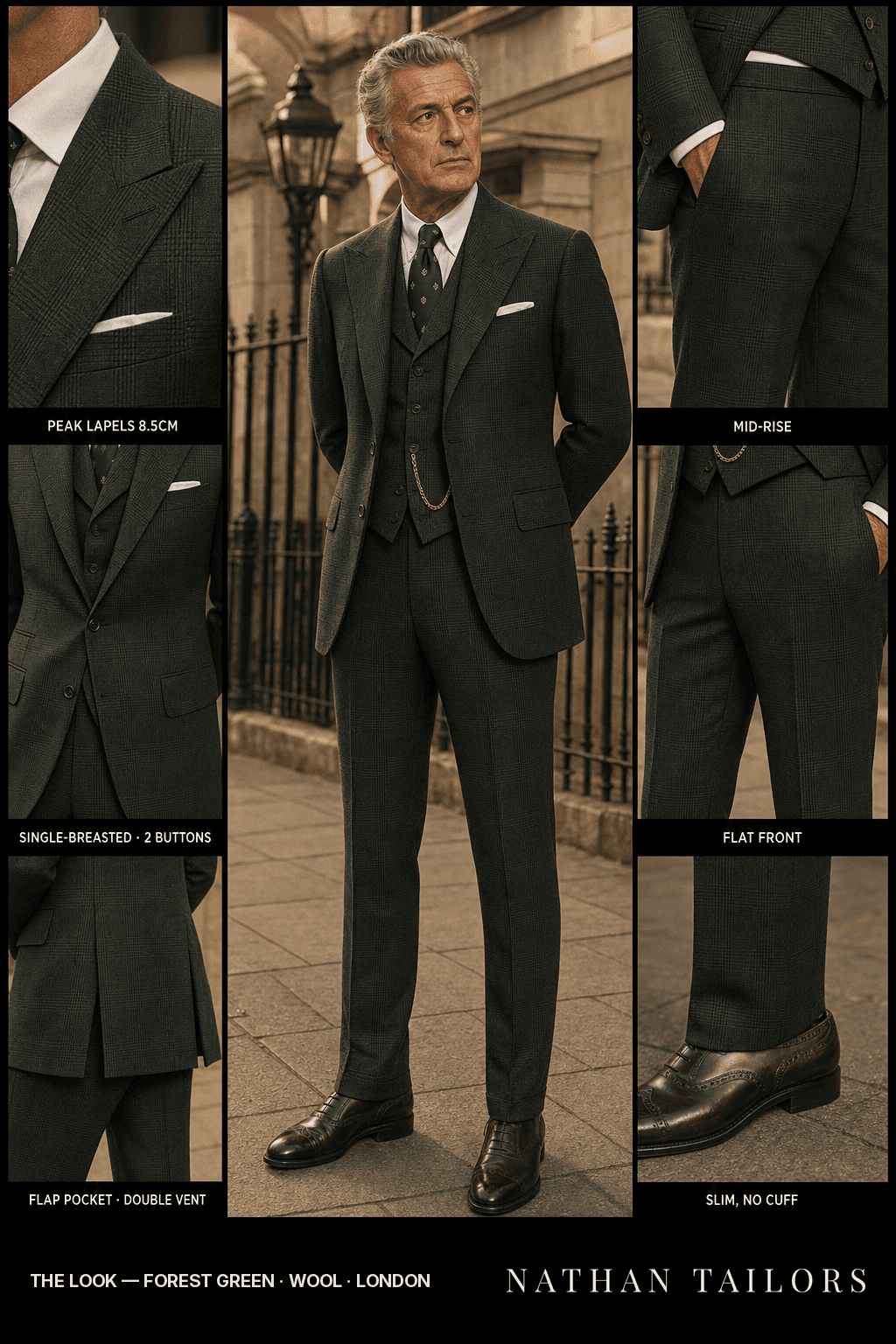 forest green glen plaid single-breasted peak-lapel bespoke suit — AI-rendered by Nathan Tailors, the Hoi An custom tailor. Available as a custom tailored suit from $149.