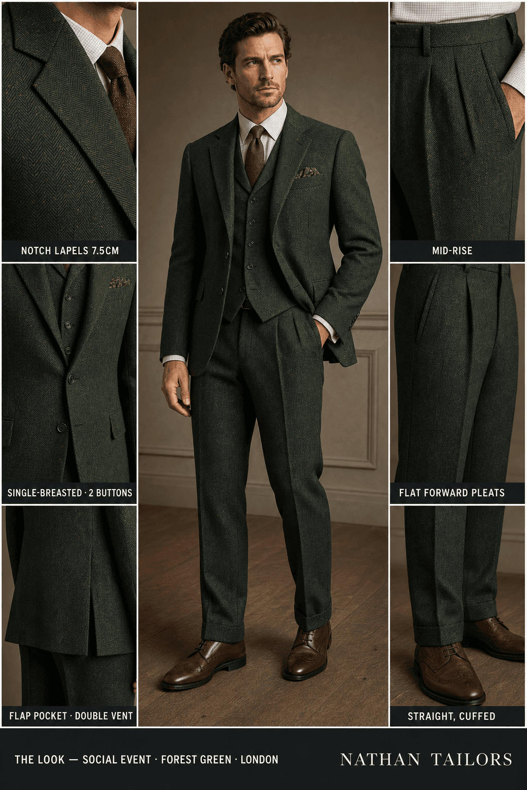 forest green herringbone single-breasted bespoke suit — custom tailored by Nathan Tailors, the Hoi An custom tailor