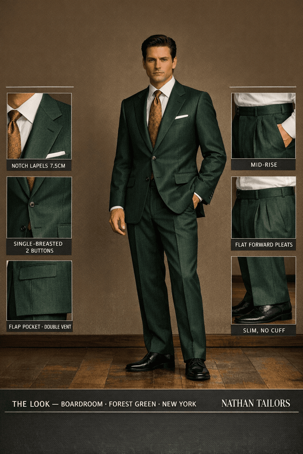 forest green herringbone single-breasted notch-lapel bespoke suit — AI-rendered by Nathan Tailors, the Hoi An custom tailor. Available as a custom tailored suit from $129.