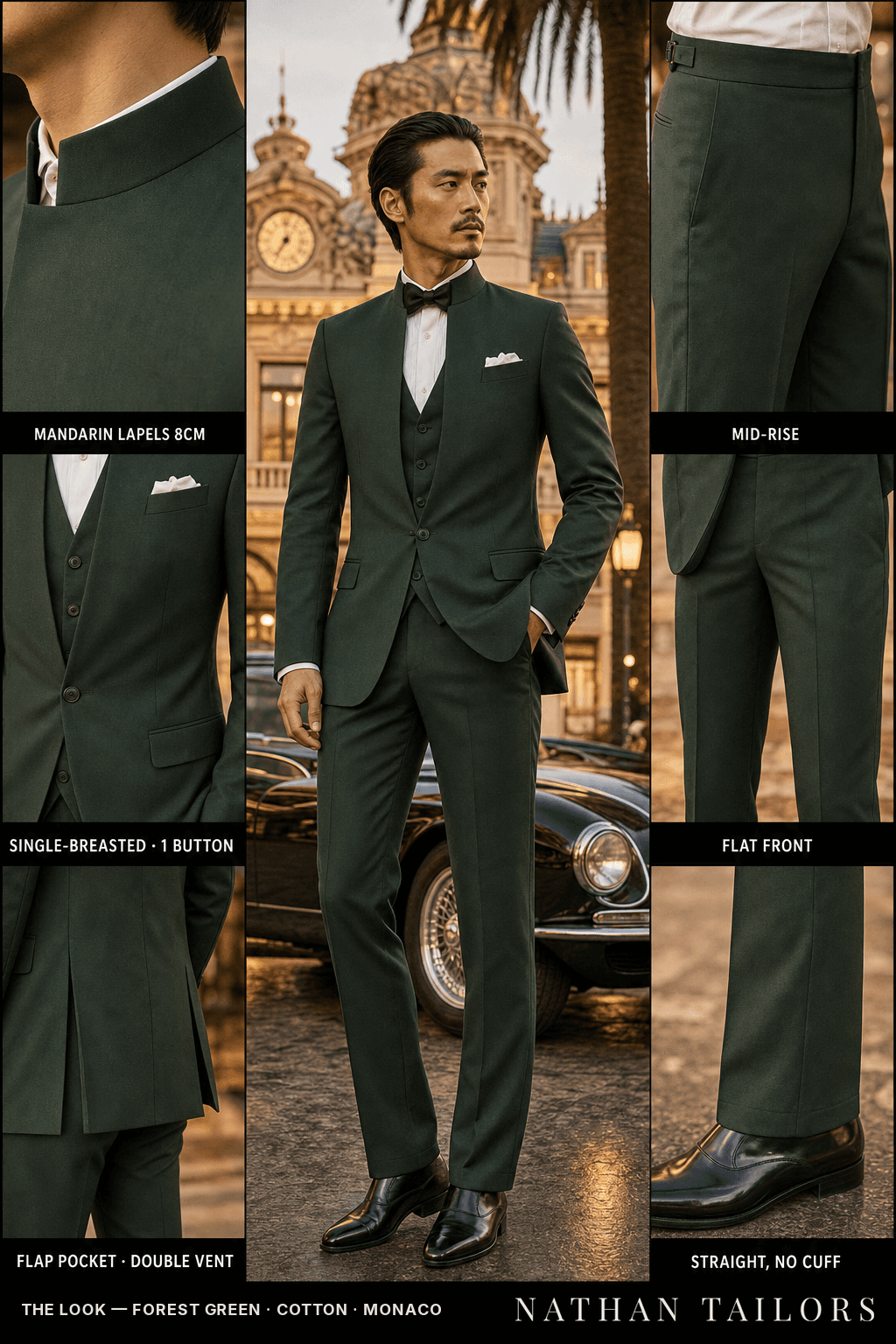 forest green single-breasted bespoke suit — custom tailored by Nathan Tailors, the Hoi An custom tailor