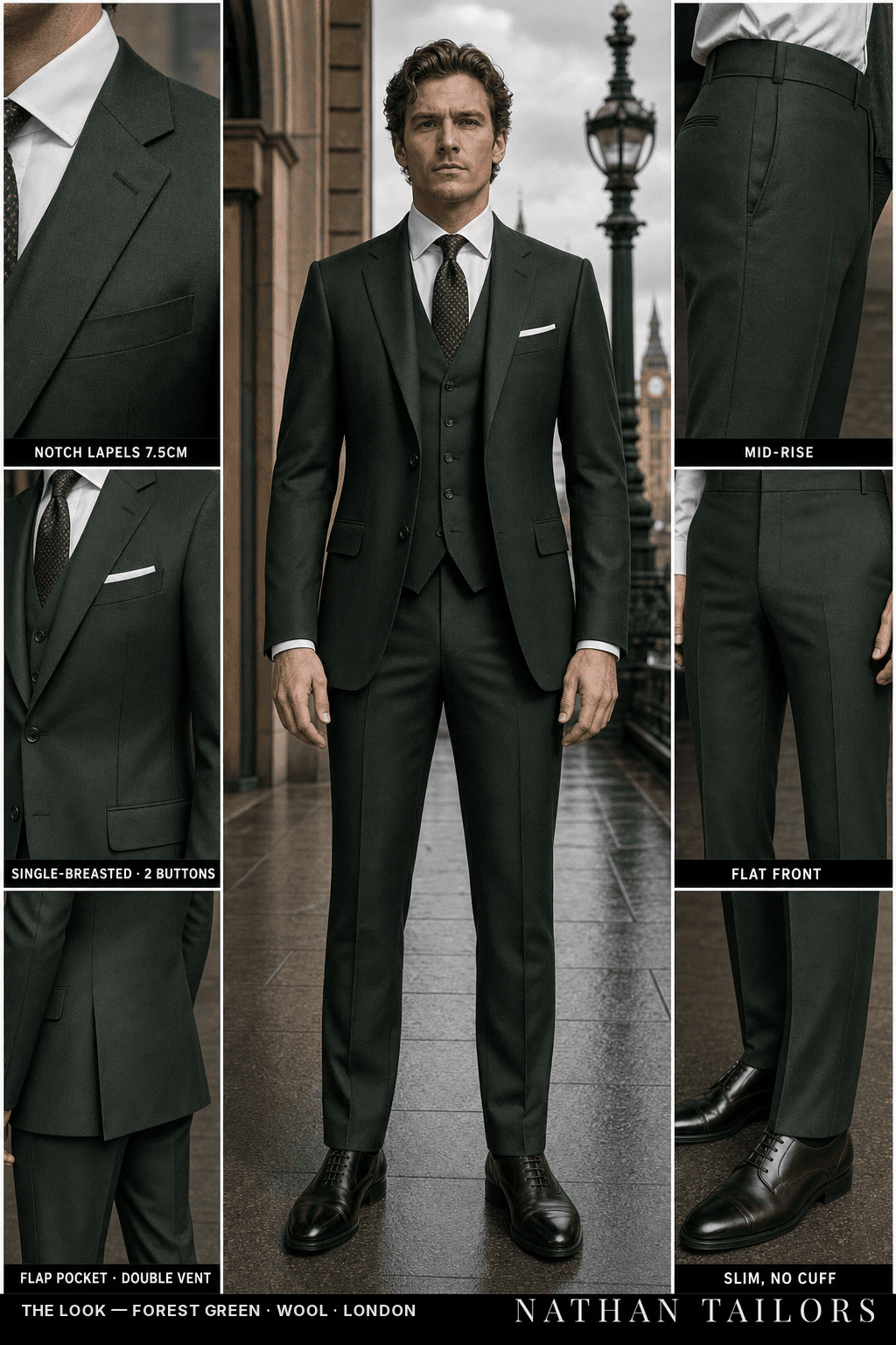 forest green single-breasted bespoke suit — custom tailored by Nathan Tailors, the Hoi An custom tailor