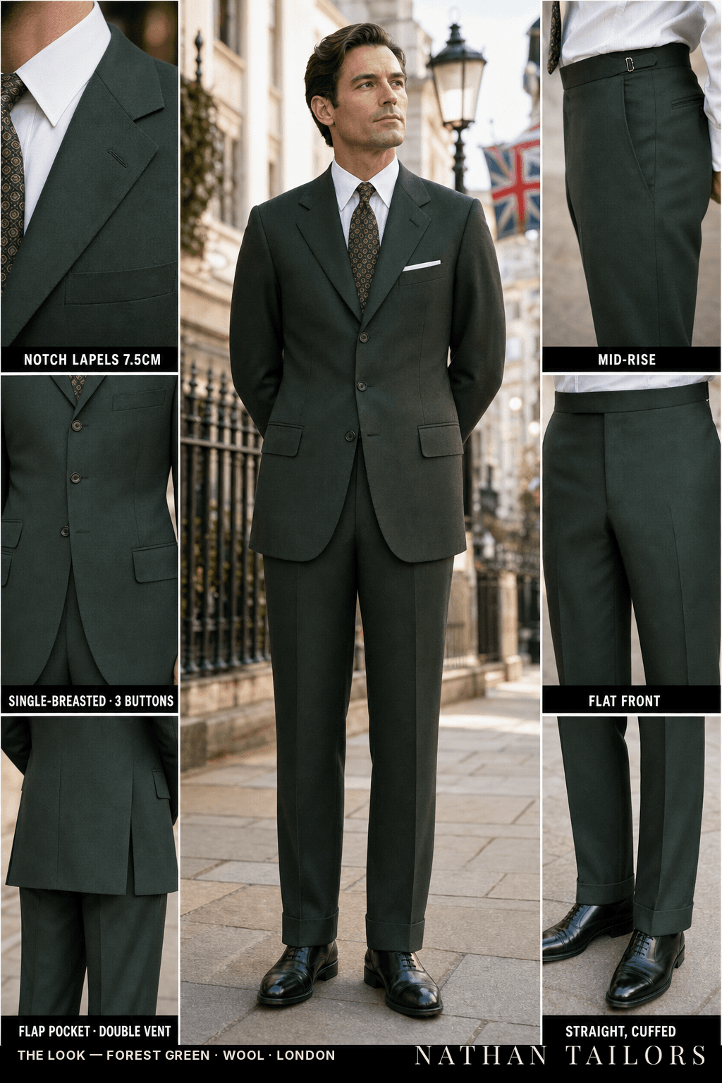 forest green single-breasted bespoke suit — custom tailored by Nathan Tailors, the Hoi An custom tailor