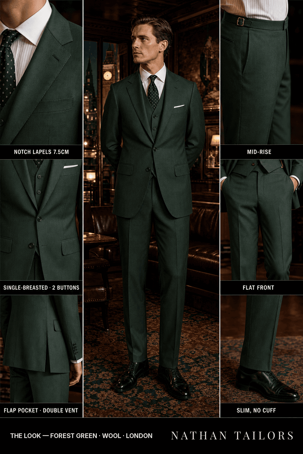 forest green single-breasted bespoke suit — custom tailored by Nathan Tailors, the Hoi An custom tailor