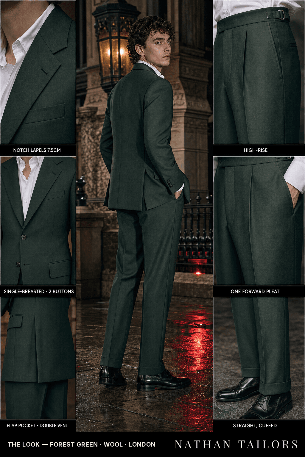 forest green single-breasted bespoke suit — custom tailored by Nathan Tailors, the Hoi An custom tailor
