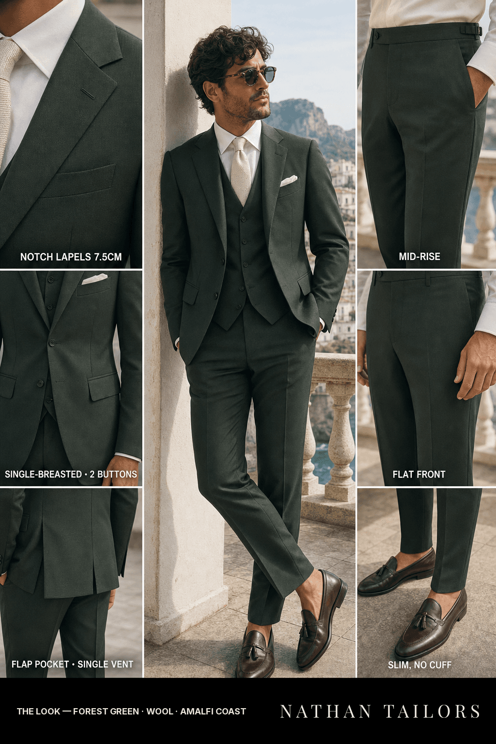 forest green single-breasted bespoke suit — custom tailored by Nathan Tailors, the Hoi An custom tailor